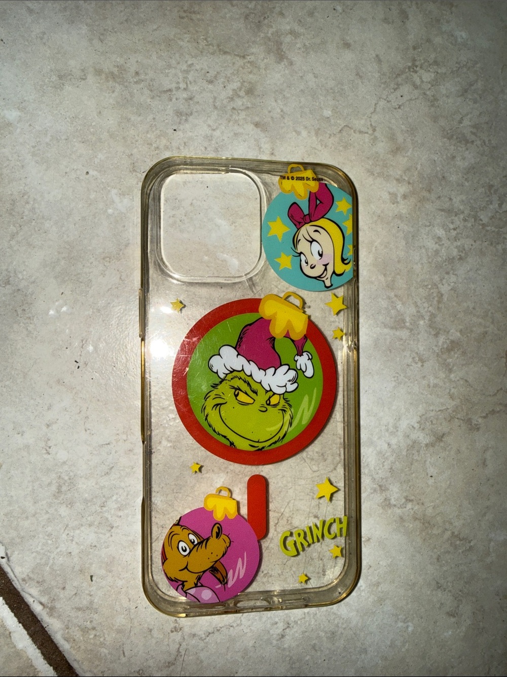 iPhone 16 Pro Max Case - Clear Grinch Holiday with Colorful Ornaments